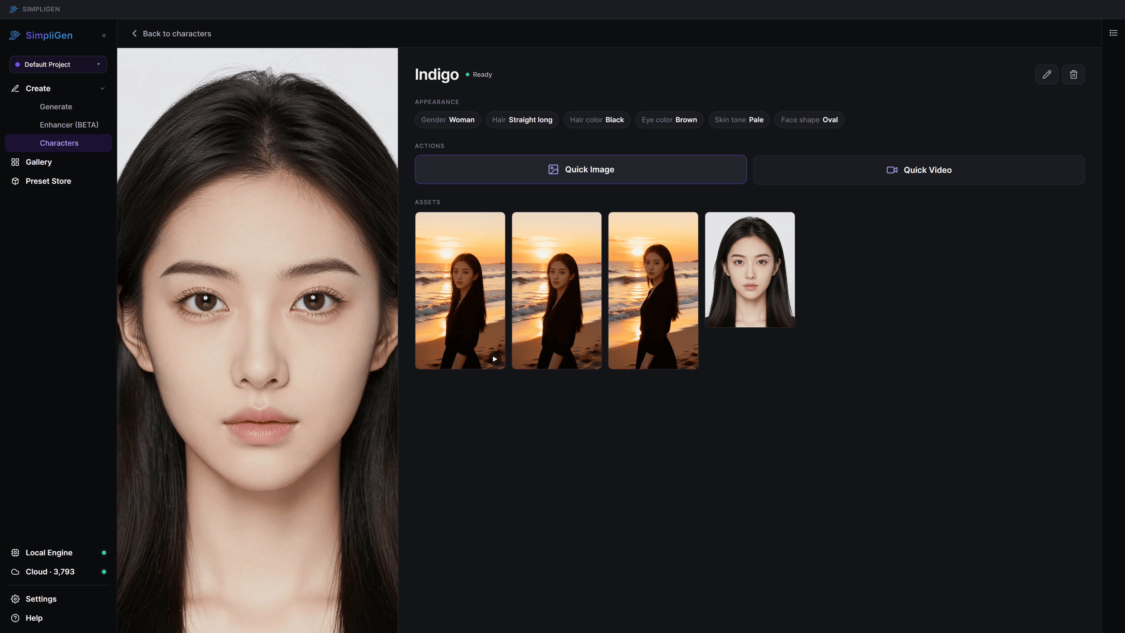 A character dashboard showing the base portrait and generated scene images