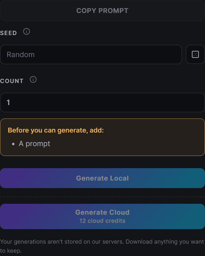 The seed and count fields in the prompt builder sidebar