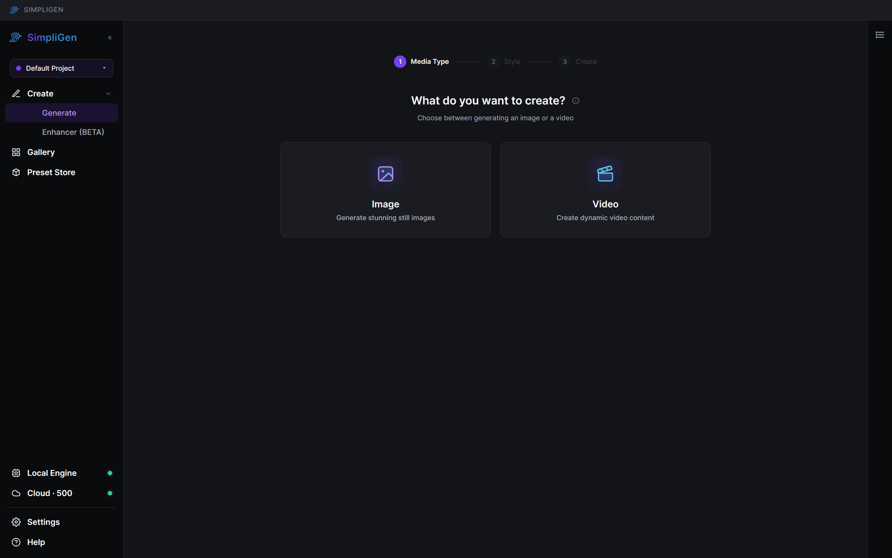Step 1 of the prompt builder, choosing Image or Video