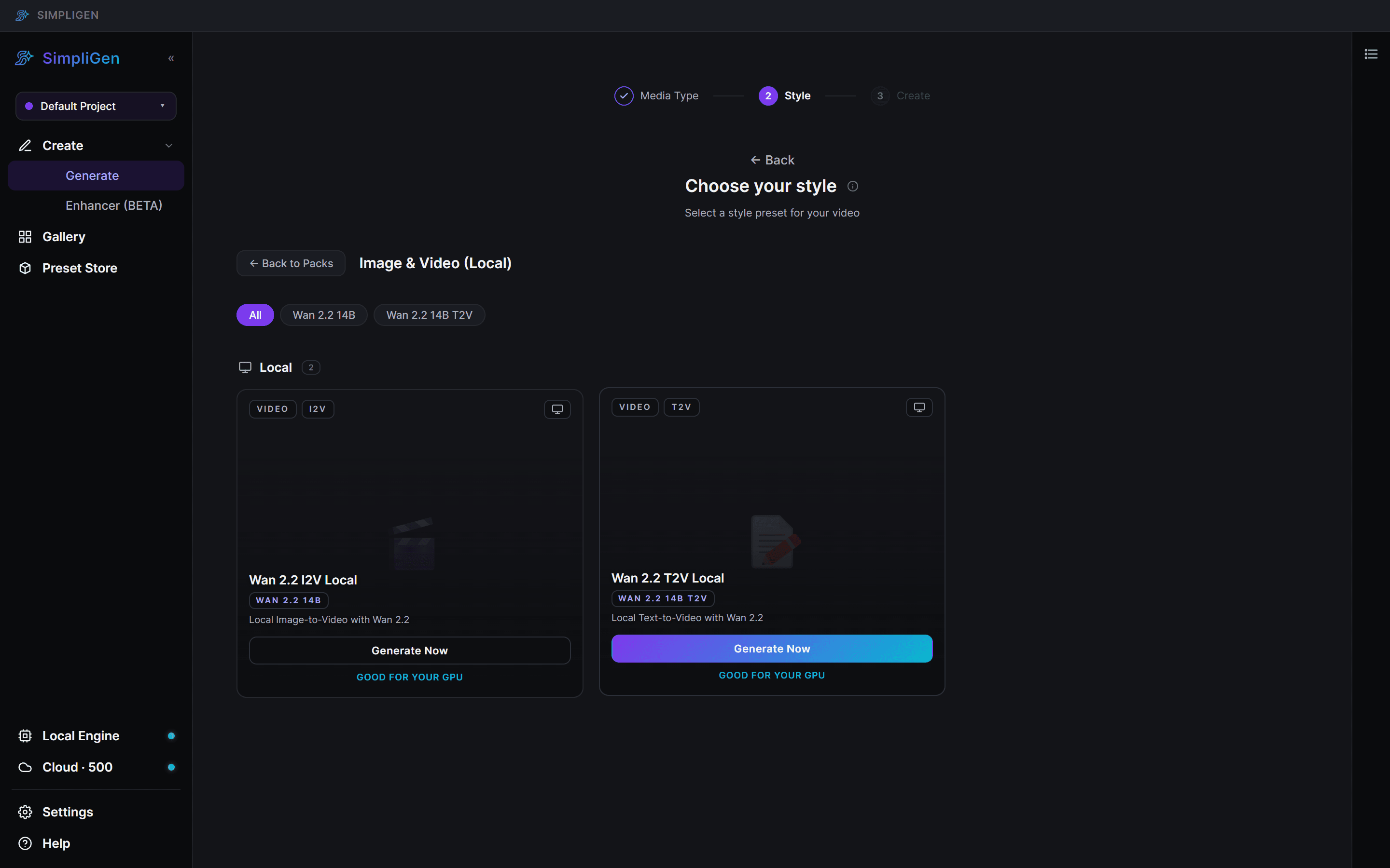 Choosing a video preset in the prompt builder