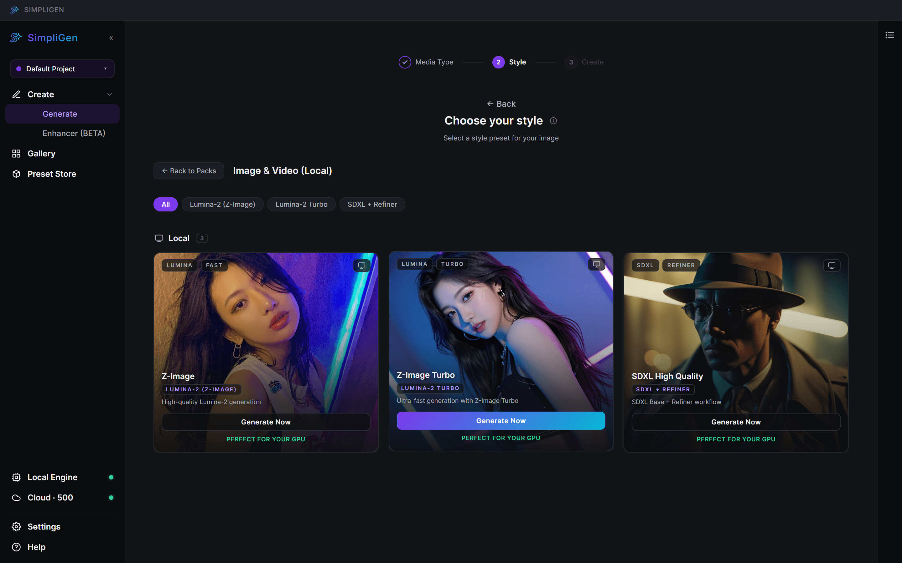 Choosing an image preset in the prompt builder