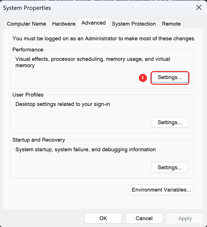 The System Properties window on the Advanced tab, with the Performance section's Settings button at the top