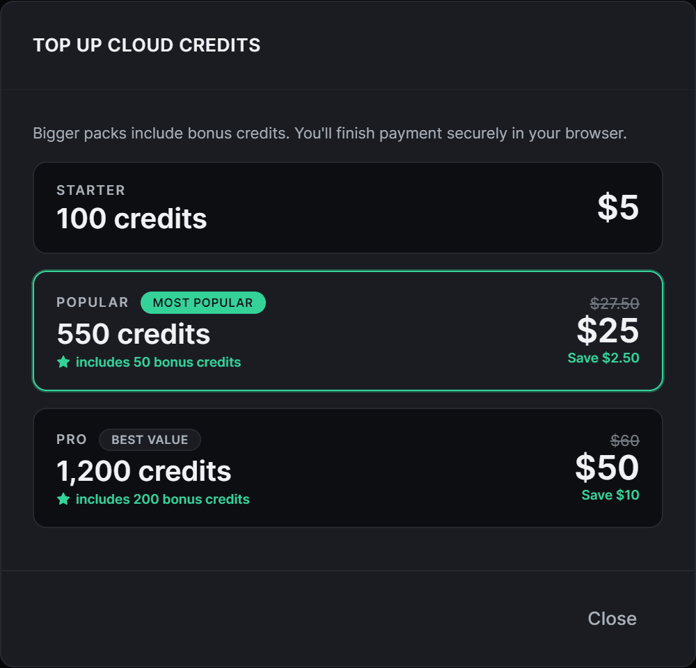 The top-up modal showing credit packs