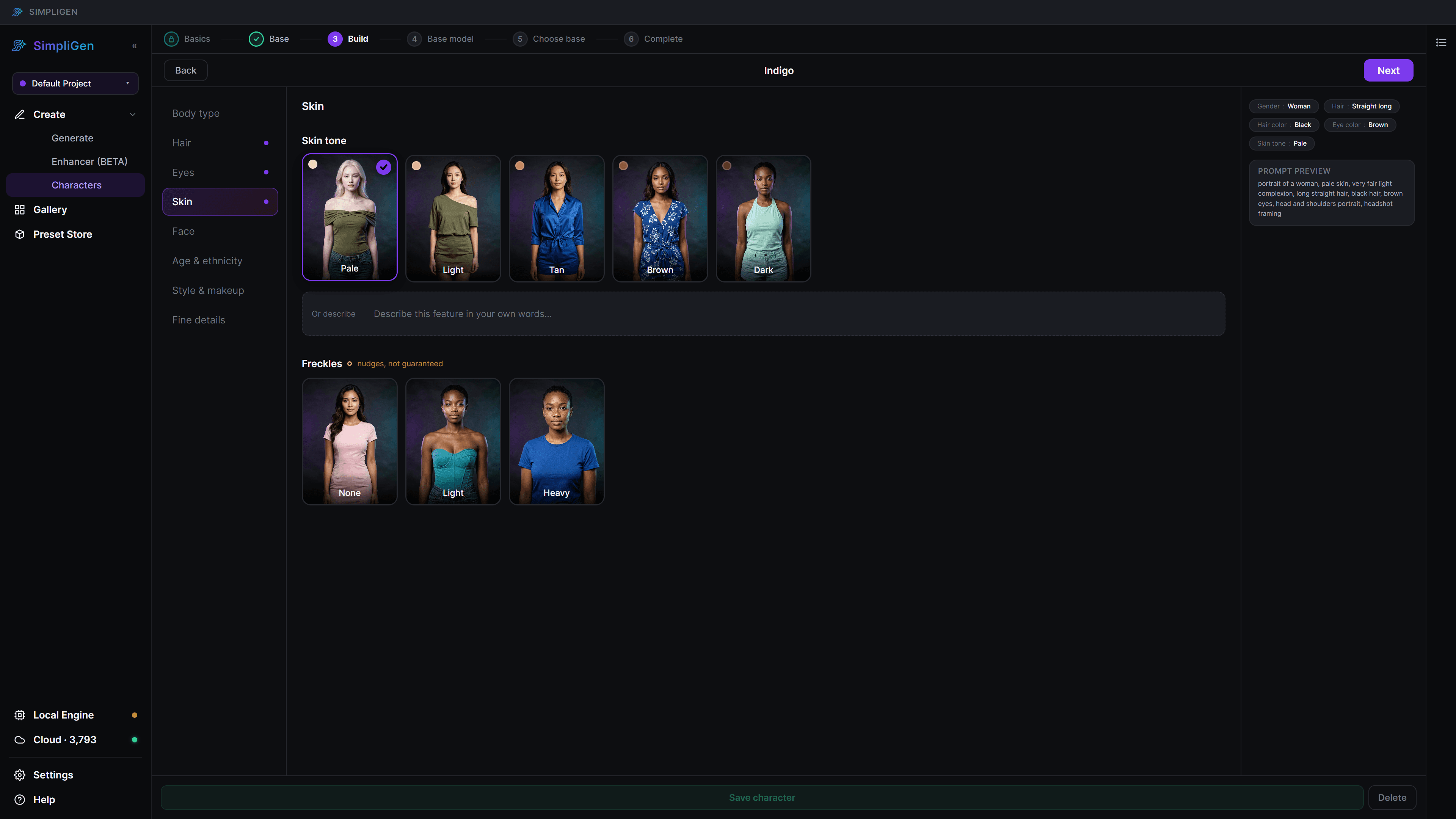 The identity builder, choosing features with a live prompt preview