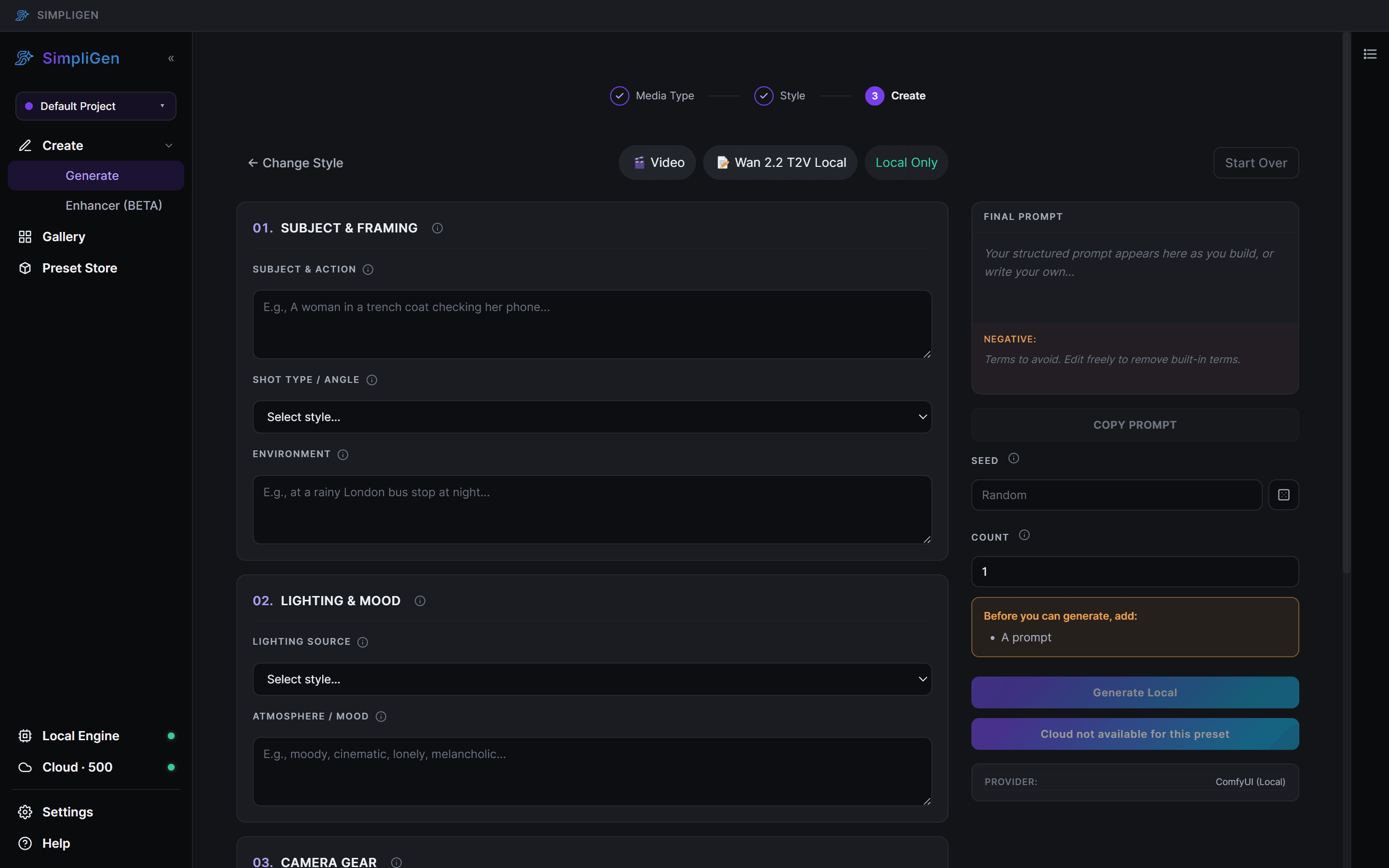 The Create step for a text-to-video preset