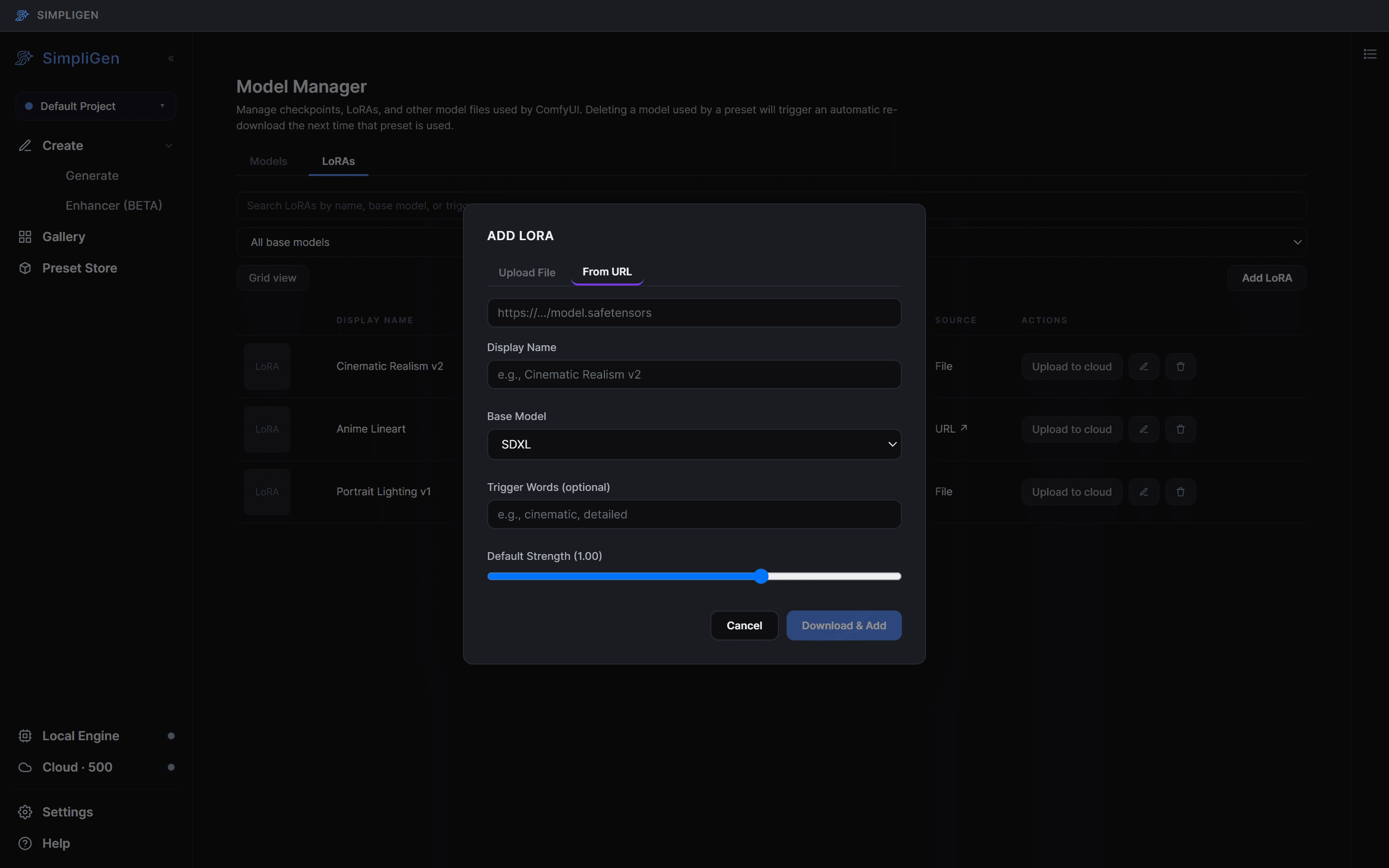 Add LoRA modal, From URL tab