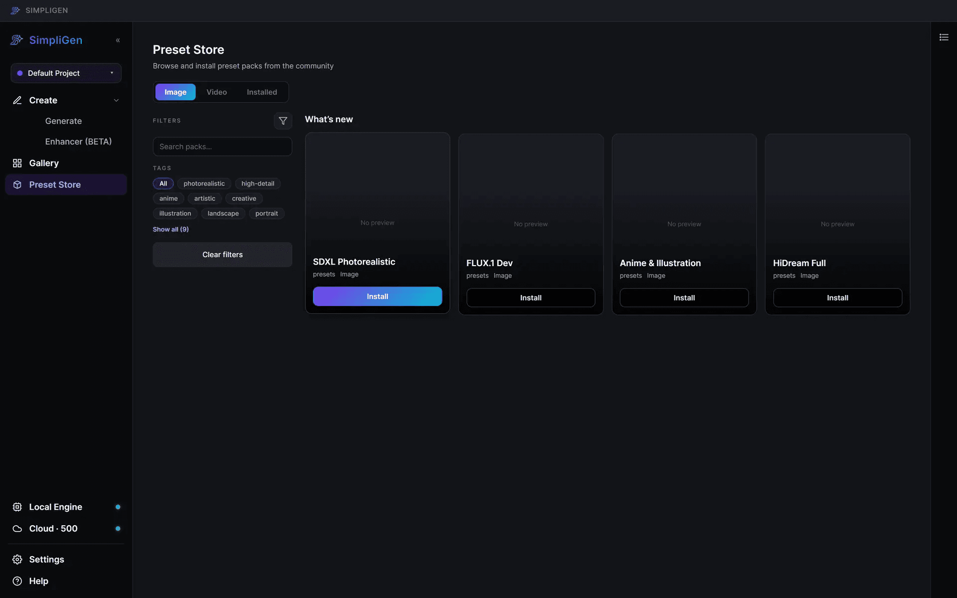 SimpliGen preset store